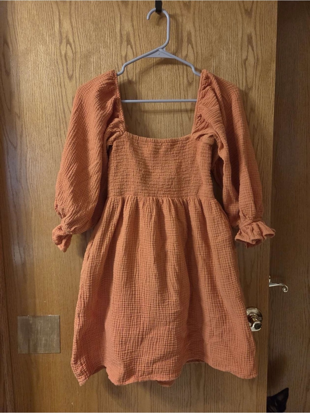 Square-Neck Mini Dress with Smocked Bodice in Rust
